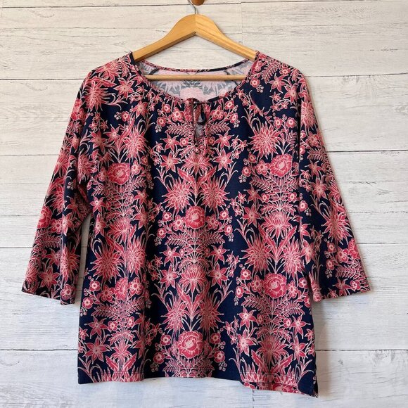 Talbots Top Womens Size Medium Navy & Pink Tropical Flower Cotton Modal Beachy - Picture 1 of 13